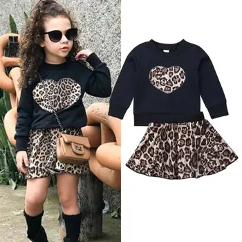 1-6T 2gab Toddler Baby Girl Rudens Ziemas modes Apģērbu Komplekts ar garām Piedurknēm Krekls Topi, Leoparda Mini Svārki Apģērbs, Apģērbu Komplekts