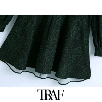TRAF Sieviešu Modes Ar Metāla Pogas Izdrukāt Savirmot Mini Kleita Vintage Augstas Kaklu garām Piedurknēm, Sieviešu Kleitas Mujer