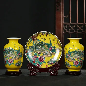 Trīs gabals, kas no Keramikas Vāze Jingdezhen Dzeltena Pāvs Porcelāna Vāze Mūsdienu Mājas Dekorēšana Dzīvojamā Istaba Ziedu kompozīcijas