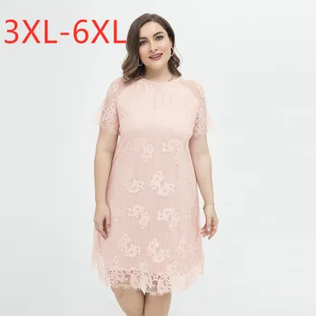 Jaunu 2021. gada vasarā plus izmērs midi kleita sievietēm lielu īsām piedurknēm slim gadījuma mežģīnes, rozā balts elegants kleitas 3XL 4XL 5XL 6XL