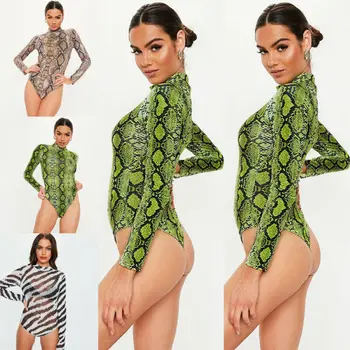 JAUNU un Seksīgu Sieviešu Snakeskin Izdrukāt Augstas Kaklu garām Piedurknēm Vienkāršā Stiept Bodycon Jumpsuit Sexy Plus Lieluma Streetwear