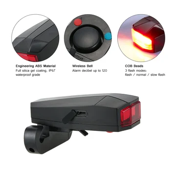 Velosipēdu Astes Gaismas Saprātīga pretaizdzīšanas Signalizācijas LED lukturīti, velosipēdu Elektriskais Zvans ar Bezvadu Tālvadības pulti &USB Kabelis