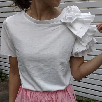 Minimālisms Melna Balta Ruffles Vasaras T Krekls Korejas Japāna Sieviešu Streetwear Gadījuma Īsām Piedurknēm Top Tees Dāmas T Krekli Jauniešiem