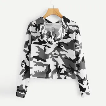 Sieviešu sporta krekls hoodies ar garām Piedurknēm Maskēties Drukāt hip pop streetwear pelēkā vārna sporta Krekls Džemperis, Džemperi, Topi Blūze moletom