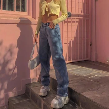 Ir 2021. Sieviešu Jaunā Pavasara E-Meitene Vintage Modes Slim Džinsa Streetwear Gaiši Zils Taisni Džinsi Ar Augstu Vidukli, Zaudēt Bikses