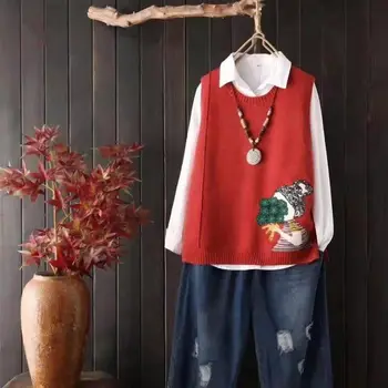 Apaļa Kakla Piedurknēm Adīts Džemperis Veste Sieviešu Modes Izšuvumi Karikatūra Modelis Zemāko Džemperi, Vestes Femal Džemperi Pavasara