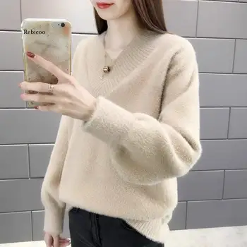 Rudens ziemas V-veida kakla ūdeļu samta džemperis sieviešu džemperis korejiešu versija zaudēt ārējā valkāt biezas trikotāžas tops zemāko krekls