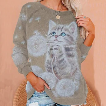 Cute Dzīvnieku Kaķis Drukāt Sieviešu TShirts Plus Lieluma Kawaii Garām Piedurknēm Gadījuma Sieviešu Džemperi, Topi 2021. Gada Pavasarī Izmēra T-Krekls