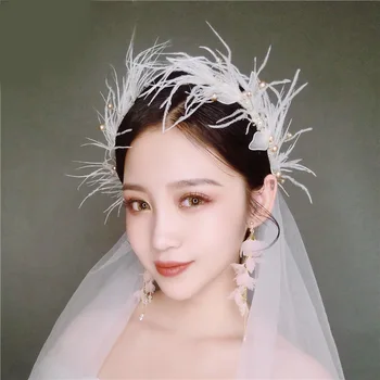 Līgavas tiara marli, ziedu, spalvu matu aksesuāri, svētku ziedu kāzu matu aksesuāri