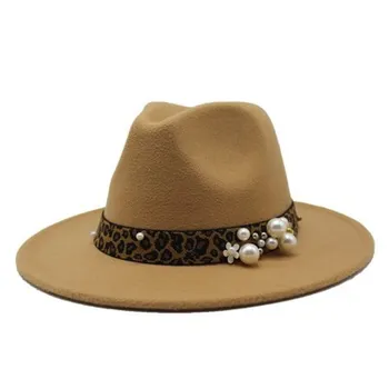 Sieviešu cepures leopard grupa pearl fedora nodilušas cepures platām malām, cietā vintage gadījuma āra ziemas, rudens vīriešu, sieviešu cepures džeza vāciņi