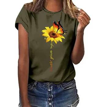 T krekls sievietēm vasarā Plus Lieluma Saulespuķu Drukāt Īsām Piedurknēm Blusas Topi, t krekls sievietēm vasarā