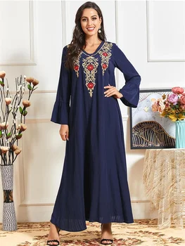 Siskakia Etniskā Izšūti Maxi Gara Kleita Sievietēm Rudens 2020. Gadam Elegantu V-Kakla Full Sleeve Plus Lieluma arābu Musulmaņu Apģērbu Jaunas