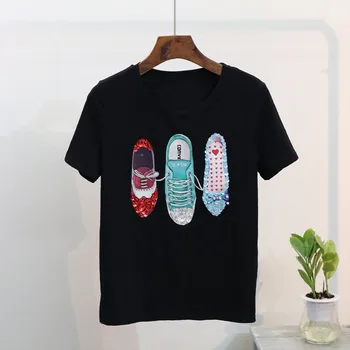 2018 Pavasara Vasaras Sieviešu t krekls īstermiņa piedurknēm kurpes drukas t kokvilnas topi