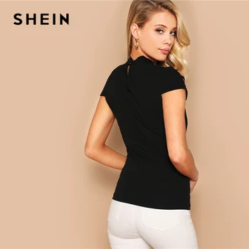 SHEIN Sexy Black Keyhole Atpakaļ Kāpnes izgrieztā Forma Pieguļošs t-veida Cietā T Krekls Sieviešu Vasaras Cepurīte Piedurknēm Kluba lielās Ielas Tshirt Topi
