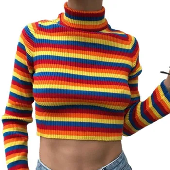 2019 Jaunas Sievietes Augstu Uzrullētu Apkakli Džemperi Modes Varavīksnes Adīti Džemperi Rudens Ziemas Džemperis Sieviešu Saspringts Trikotāža Streetwear