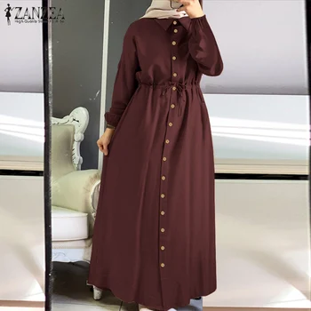 Vintage Musulmaņu Krekls, Kleita Sieviešu Puff Piedurknēm Sundress ZANZEA ir 2021. Gadījuma Aukliņu Maxi Vestidos Sievietes Pogu Drēbes Plus Izmēra