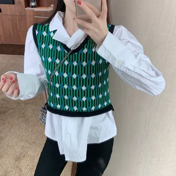 Sieviešu Trikotāžas Džemperis Veste Pavasara 2020. gadam korejiešu Stilā Vintage Argyle Pleds Džemperis bez Piedurknēm, Veste Zaļā gilet pull T451