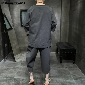 INCERUN Ķīniešu Stilā Vīriešiem Komplekti Cietā 2021 Vintage Kokvilnas Streetwear Mājīgu 3/4 Piedurknēm Krekls & Teļš Garums Bikses Gadījuma Vīriešu Uzvalki