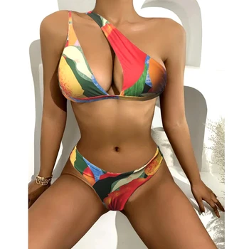 Sexy Krāsains Drukāt Peldkostīmi Sievietēm Viena Pleca, Bikini Mujer Ir 2021. Dobi No Peldkostīmu Push Up 2 Gabali Peldēšanas Tērps Sievietēm