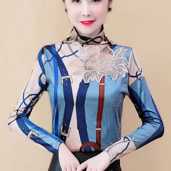 Modes Garām Piedurknēm Augstu Uzrullētu Apkakli Sievietēm, Blūzes Korejas Modes Drukāt Blūze Sieviešu Krekli Plus Lieluma Slim Sievietēm, Topi Blusas Mujer