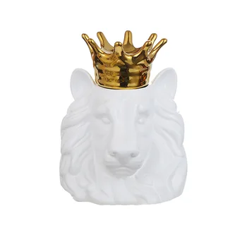 Zelta Kronis Lion King Dzīvnieku Galvas Uzglabāšanas Jar Lācis Lapsa Ornamenti, Keramikas Figūriņas Miniatūras Kāzu Mājas Birojam Dekors