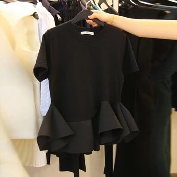 2020. gada Vasaras Tshirt Modes korejiešu Stilā Īsām piedurknēm T-krekls Sievietēm Zaudēt Mežģīņu Apakšmalu Melnā Krāsā Krekls Pamata t-veida Topi