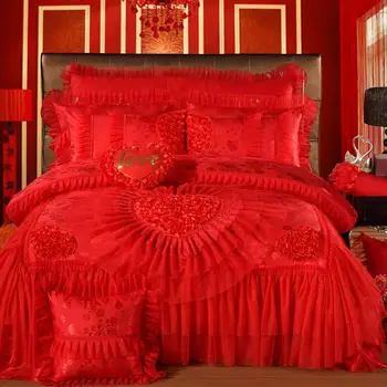 Sarkans Rozā Mežģīnes Greznība Kāzu Gultas komplekts Karalis, Karaliene Izmēra Gultas komplekts gultas Pārklājs gultas loksnes uzstādīt Apdare Sega sedz juego de cama