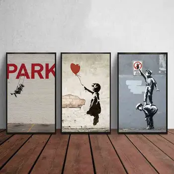 Banksys Grafiti Ielu Mākslas Abstraktā Audekls Gleznošanai Plakāti un Izdrukas Meitene Ar Sarkano Balonu Sienas Audekls Mākslas, Mājas Dekoru Melns