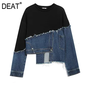 DEAT ir 2021. jaunā pavasara modes sieviešu apģērbu Zaudēt apaļu kakla džinsa raibs džemperis asimetrisks krekls sieviete top WK07405M