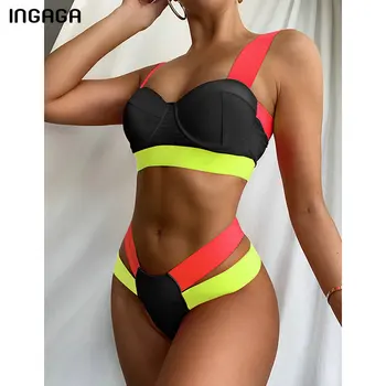 INGAGA Augsta Vidukļa Bikini Sexy Sieviešu Peldkostīmi Push Up Biquini Peldkostīmi High Cut peldkostīmu Cietā Raibs Beachwear 2021