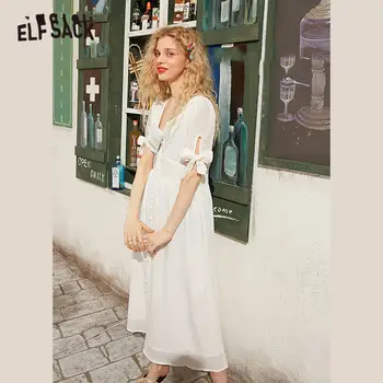 ELFSACK Balta Cieta viela Vienu Krūtīm Gadījuma Midi Kleita Sievietēm 2020. Gada Pavasarī Sarkanā Tīra Vintage Pusi Loku Piedurknēm Sieviešu Ikdienas Kleitas