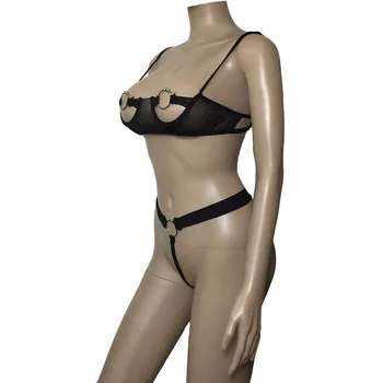 Melns Sexy Sievietes atvērtais Kauss Krūšu Josta Bikini Apakšveļa Metāla Dzelksnis Gredzenu Krūšturis Top, un G-String Apakšveļu