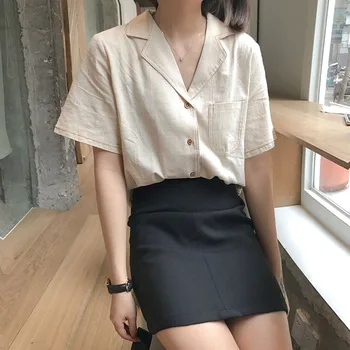 2019 Jaunu korejiešu Stilā, Apģērbi Sievietēm, Vasarā Savukārt Apkakle ar Īsām Piedurknēm Zaudēt Blūze Sieviete Harajuku Ikdienas Krekls