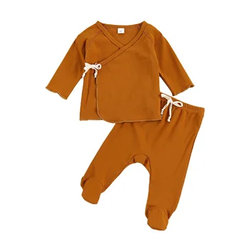 0-6M Jaundzimušā bērna Mazuļa Sleepwear Uzvalku ar garām Piedurknēm Mežģīnes-up Jaka Top Ietin Kājas Garas Bikses 2gab Apģērbs, Komplekts