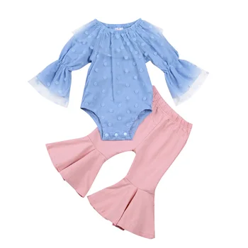 0-3 GADI Princese Bērniem, Baby Meitene Apģērbs Dot Drukas Zilā Mežģīņu Izlīdzināšanu ar garām Piedurknēm Romper Top+Rozā Izlīdzināšanu Bikses Toddler Pavasara Komplekts