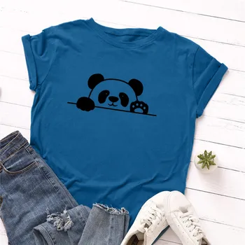 Plus Izmērs S-5XL Jauki Panda Print Kokvilnas T Krekls, Sieviešu T-Krekls O Apkakli, Īsām Piedurknēm Tees Vasaras Sieviešu T-krekli Zilā Tshirt