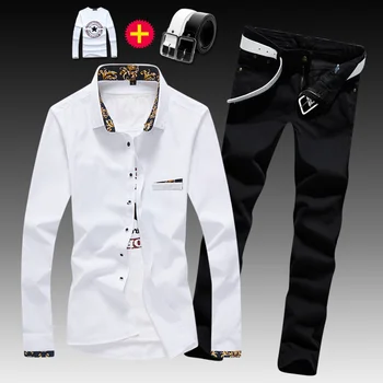 Pavasara, Rudens Vīriešu Krekls ar garām Piedurknēm Zīmuli Bikses Slim Fit Džinsi 2pcs Set Ikdienas Krekli Bikses, Vīriešu Apģērbu E46
