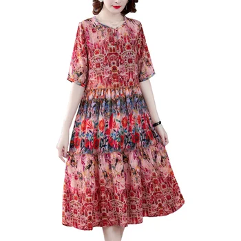 Ir 2021. Vasaras Vintage Red Mulberry Zīda Midi Kleitas Modes 4XL Plus Size Print Skrejceļa Kleitu Elegants Sieviešu Bodycon Puse Vestidos