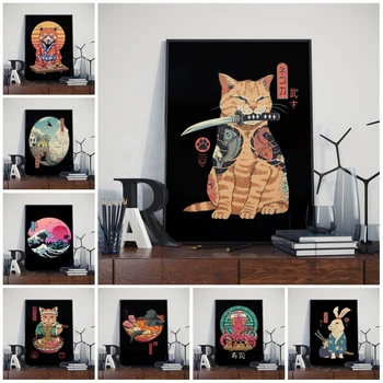 Japāņu Samuraju Karikatūra Kaķis Krāsošana Plakāti Dzīvniekus Audekla, Gleznas, Sienu Mākslas Mājas Guļamistaba Dekorēšana bez rāmīša