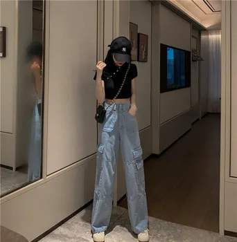 JXMYY Vintage Plaša Kāju Sieviete Džinsi ar Augstu Starām. Džinsi Zilā Gadījuma Garās Bikses korejas Streetwear Kabatas Džinsa Bikses