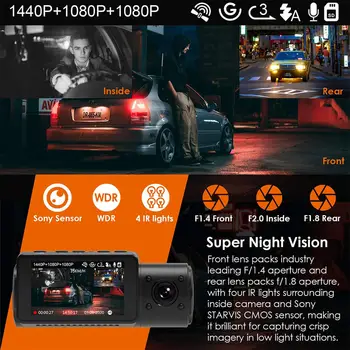 Vantrue N4 Dash Cam 3 Objektīva 4K UHD Auto Video Reģistratoru DVR Dashcam Atpakaļskata Kamera ar GPS WDR Nakts Redzamības G-Sensoru, Kustību Detektoru