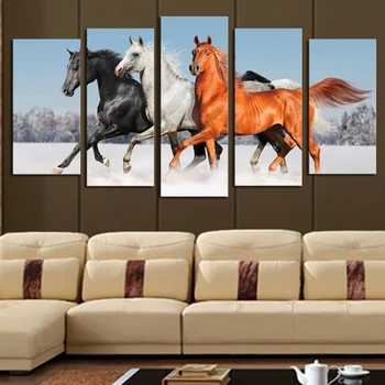 Sienas Mākslas Audekls Gleznas 5 Gabals HD Drukāt Lieliem Zirgiem, kas Darbojas Dzīvnieku Izcelsmes Ornamenti, Sienas Dekori Mākslas darbu