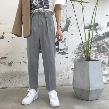 2019. gadā, Pavasarī Un Vasarā Jaunā korejiešu Vīriešu Zaudēt Ērti Modes Kokvilnas Biroja Darba Pleds Gadījuma Bikses Streetwear