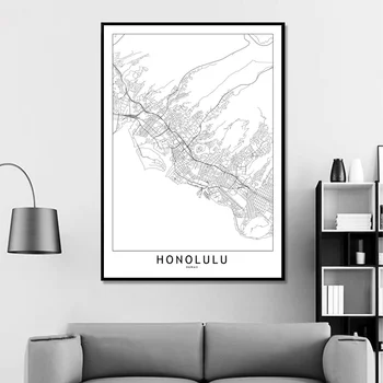Honolulu Melna Balta Pasūtījuma Pasaules Pilsētas Karte, Plakātu Izdrukas Ziemeļvalstīm Sienas Art Pictures Mājas Dekoru Audekla Apgleznošana