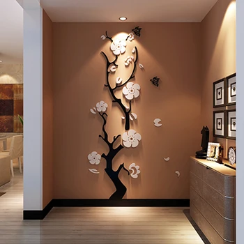 Plūmju ziedu 3d Akrila spogulis sienas uzlīmes Istabas, guļamistabas DIY Art sienas dekors dzīvojamā istaba ieejas fona sienu apdare