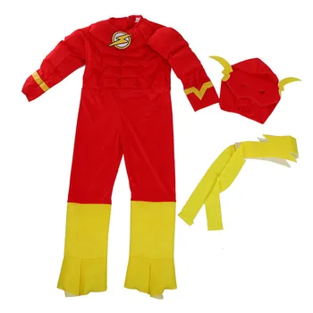 Zēns Supervaronis Flash Kostīmu Red Jumpsuit Halloween Cosplay Puse Apģērbs Fantasia Kleita