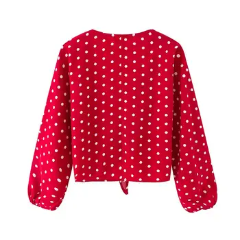 Jaunu 2020. gadam sieviešu modes polka dot print mezgloti īsa blūze sieviešu laternu piedurknēm ikdienas krekls chemise vasarā blusas topi LS3746