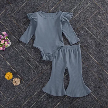 Jaundzimušais Meitenes Adīt Apģērbs ar garām Piedurknēm Savirmot Romper Bodysuit Top Cieta Vienkāršā Izlīdzināšanu Bikses Apģērbu Komplekts 2GAB Violeta 12-18M