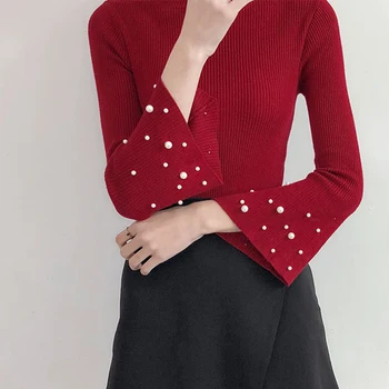 DICLOUD Rudens Korejas Frēzēšana Džemperis sieviete Modes Slim Taures Piedurknēm Sexy Puloveri Sieviešu topi Elastīgs Trikotāžas Džemperi