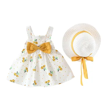 Baby Girl Apģērbu Vasaras Puse Apģērbu Toddler Bērnu Bērniem, Meitenēm Bez Piedurknēm Ķiršu Dot Princese Kleitas Loku, Cepure, Apģērbs, #78